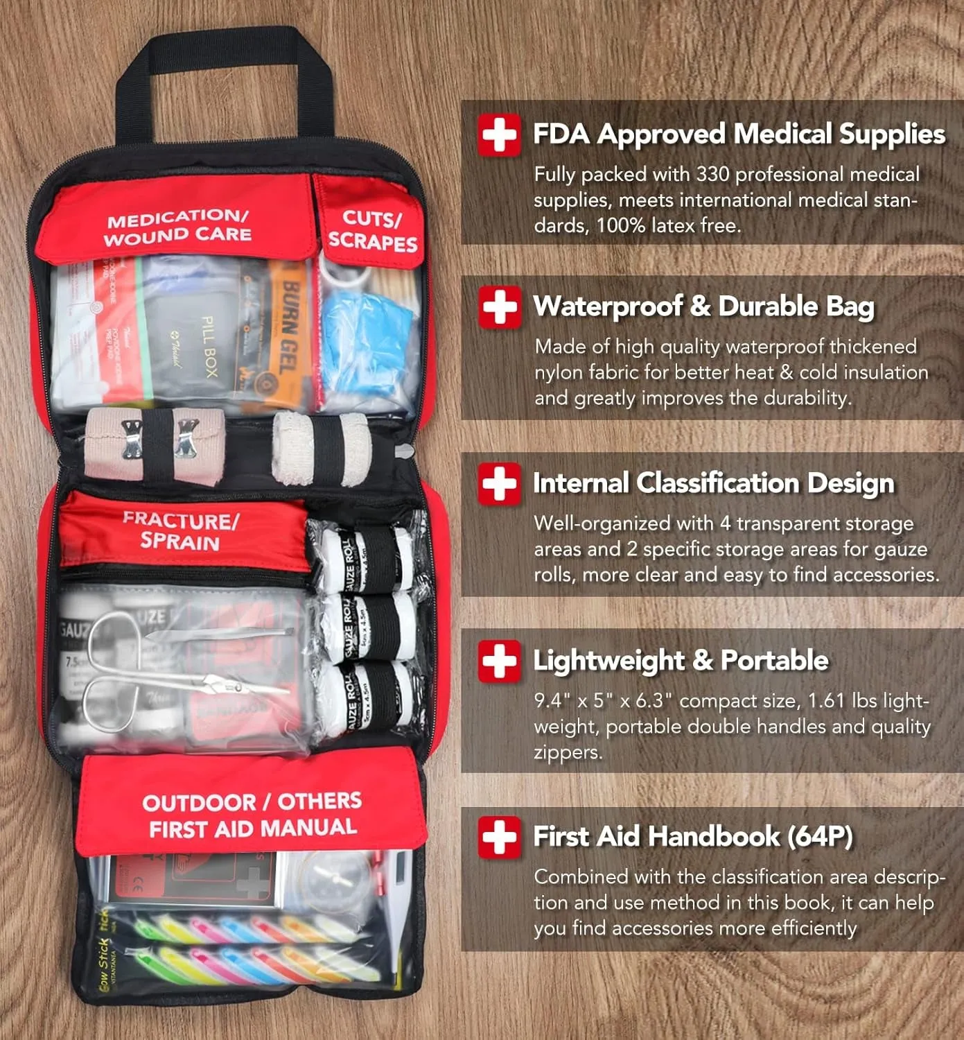 330 Piece First Aid Kit, Waterproof Trauma Medical Kits for Home, Travel, Outdoor - Red