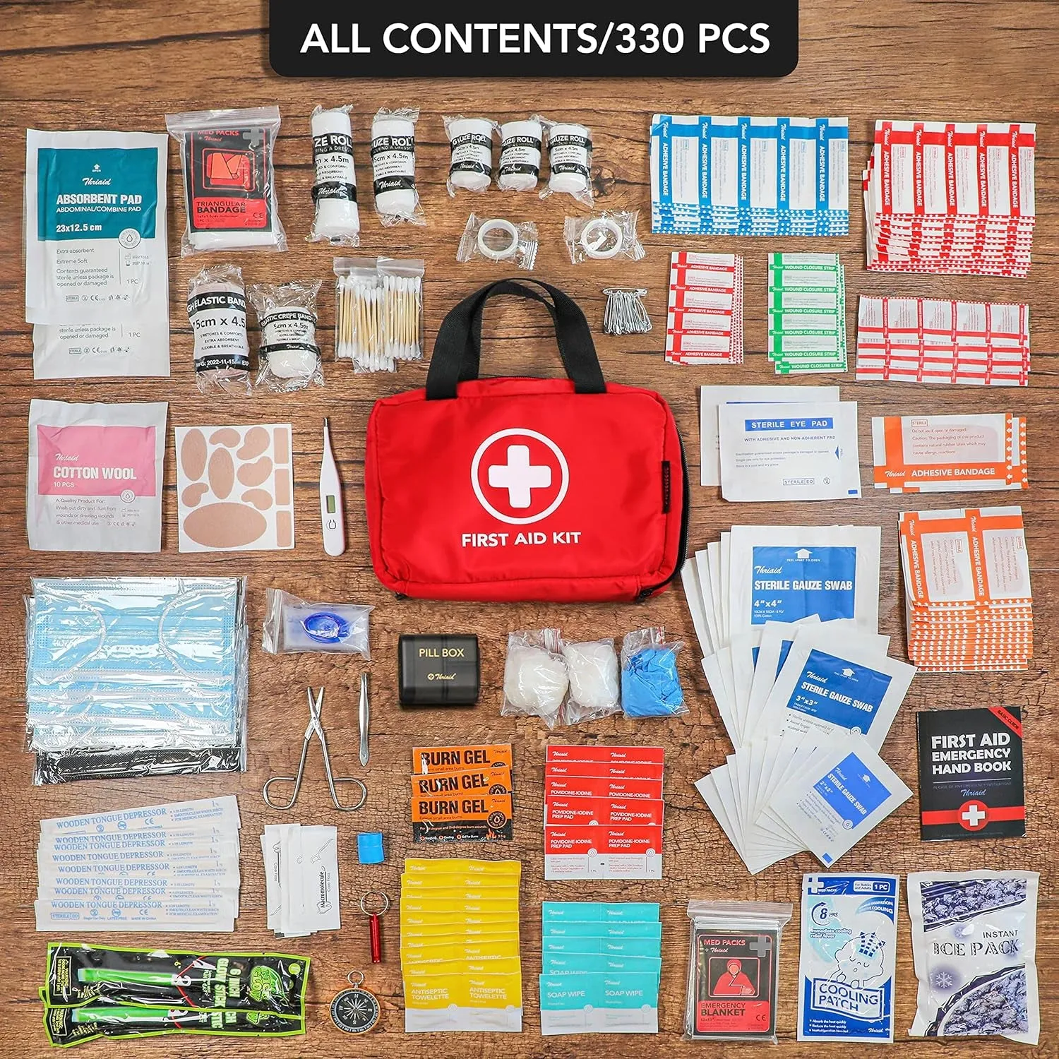 330 Piece First Aid Kit, Waterproof Trauma Medical Kits for Home, Travel, Outdoor - Red