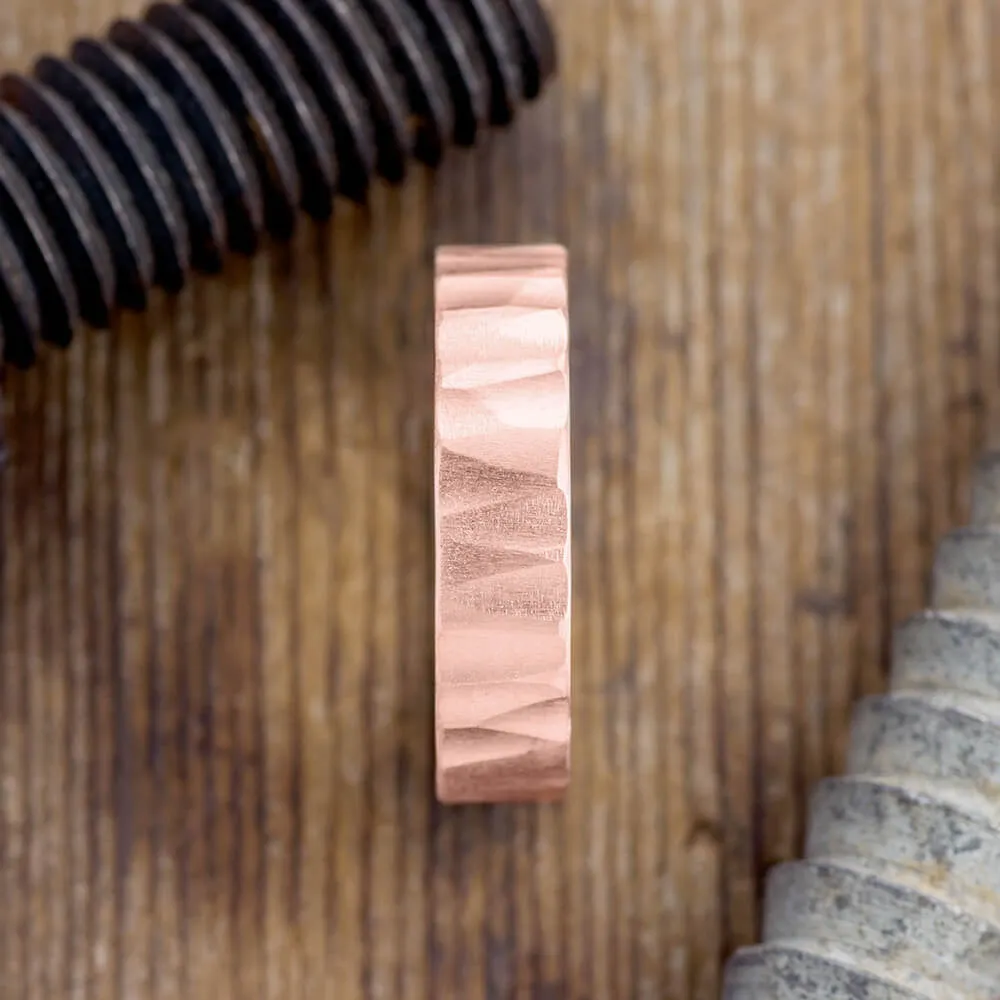 6mm 14k Rose Gold Mens Wedding Band, Wood Grain Matte