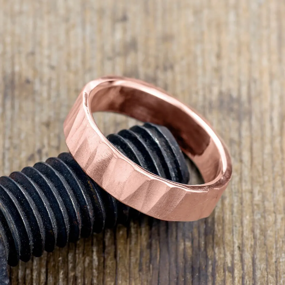 6mm 14k Rose Gold Mens Wedding Band, Wood Grain Matte
