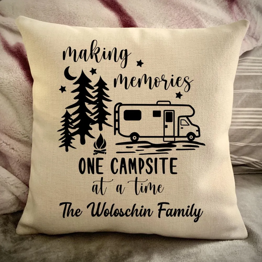 Class C Camper Decorative Pillow Cover - Making Memories Campsite pillow cover - Personalize camper gift - USA Travel Map Pillow Camping decor