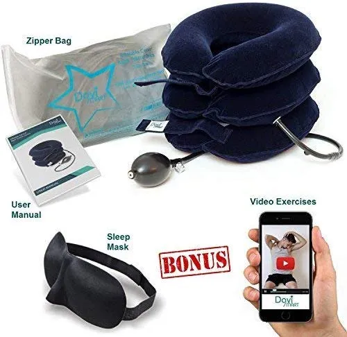 DaviSMART Cervical Neck Traction ✮ Effective Neck Pain Remedy at Home ✮ Inflatable & Adjustable Neck Stretcher Collar Device   Eye Mask Bonus (Dark Blue)