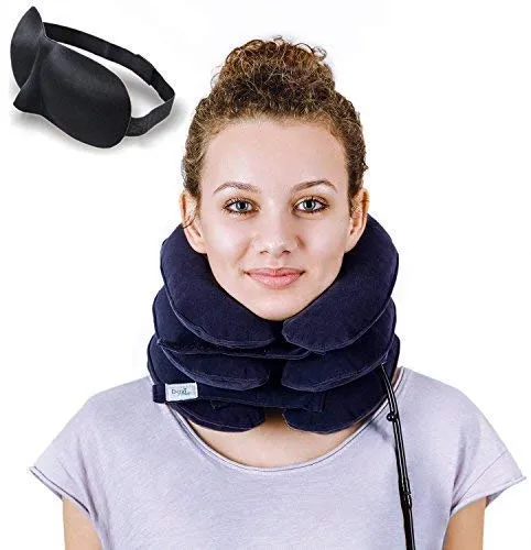 DaviSMART Cervical Neck Traction ✮ Effective Neck Pain Remedy at Home ✮ Inflatable & Adjustable Neck Stretcher Collar Device   Eye Mask Bonus (Dark Blue)