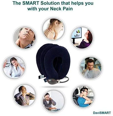DaviSMART Cervical Neck Traction ✮ Effective Neck Pain Remedy at Home ✮ Inflatable & Adjustable Neck Stretcher Collar Device   Eye Mask Bonus (Dark Blue)