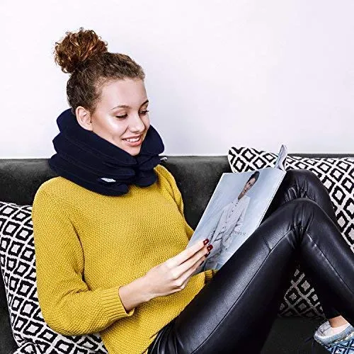 DaviSMART Cervical Neck Traction ✮ Effective Neck Pain Remedy at Home ✮ Inflatable & Adjustable Neck Stretcher Collar Device   Eye Mask Bonus (Dark Blue)