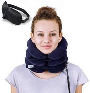 DaviSMART Cervical Neck Traction ✮ Effective Neck Pain Remedy at Home ✮ Inflatable & Adjustable Neck Stretcher Collar Device   Eye Mask Bonus (Dark Blue)