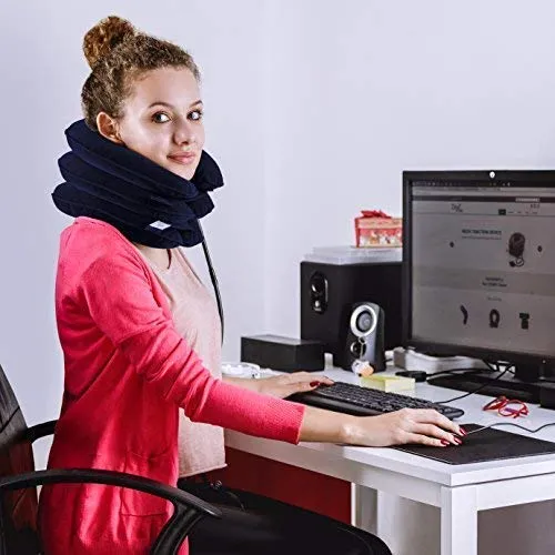 DaviSMART Cervical Neck Traction ✮ Effective Neck Pain Remedy at Home ✮ Inflatable & Adjustable Neck Stretcher Collar Device   Eye Mask Bonus (Dark Blue)