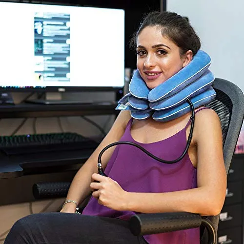 DaviSMART Cervical Neck Traction ✮ Effective Neck Pain Remedy at Home ✮ Inflatable & Adjustable Neck Stretcher Collar Device   Eye Mask Bonus (Light Blue)