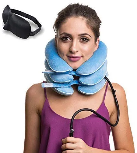 DaviSMART Cervical Neck Traction ✮ Effective Neck Pain Remedy at Home ✮ Inflatable & Adjustable Neck Stretcher Collar Device   Eye Mask Bonus (Light Blue)
