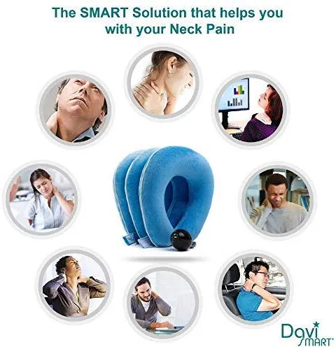 DaviSMART Cervical Neck Traction ✮ Effective Neck Pain Remedy at Home ✮ Inflatable & Adjustable Neck Stretcher Collar Device   Eye Mask Bonus (Light Blue)