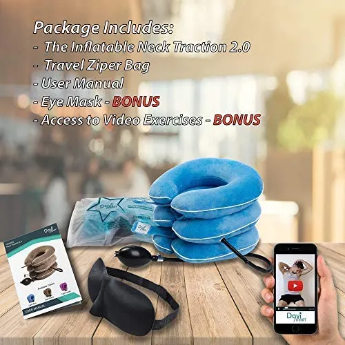 DaviSMART Cervical Neck Traction ✮ Effective Neck Pain Remedy at Home ✮ Inflatable & Adjustable Neck Stretcher Collar Device   Eye Mask Bonus (Light Blue)