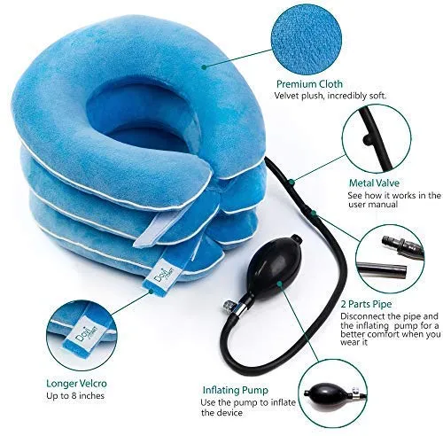 DaviSMART Cervical Neck Traction ✮ Effective Neck Pain Remedy at Home ✮ Inflatable & Adjustable Neck Stretcher Collar Device   Eye Mask Bonus (Light Blue)