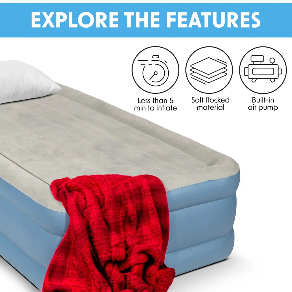 Dellonda Single High Raised Air Bed with Built-In Electric Pump - A