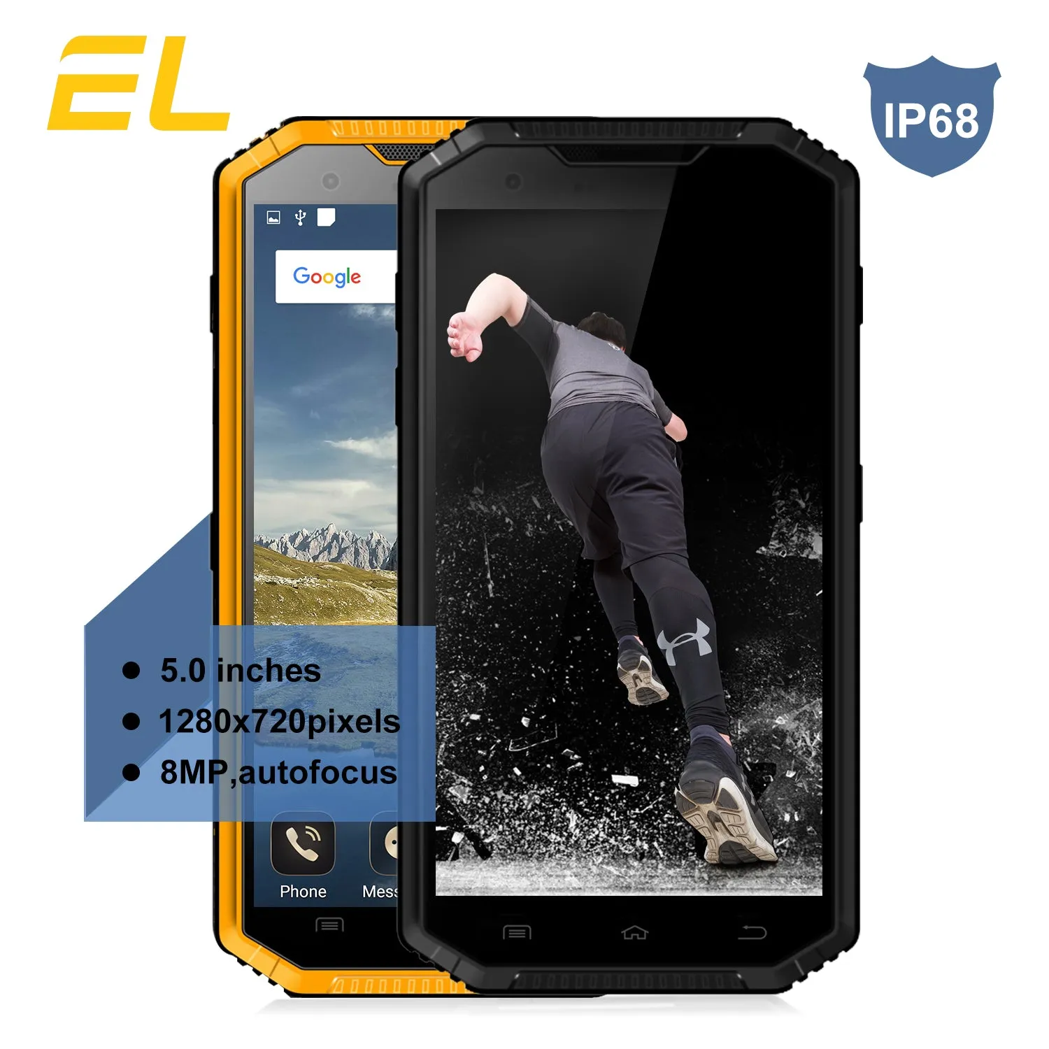 EL W7S IP68 Waterproof Mobile Phone - 2GB RAM 16GB ROM, 5.0 Inch HD, Android 7.0 MT6737 Quad Core, 8.0MP 5.0MP - Yellow