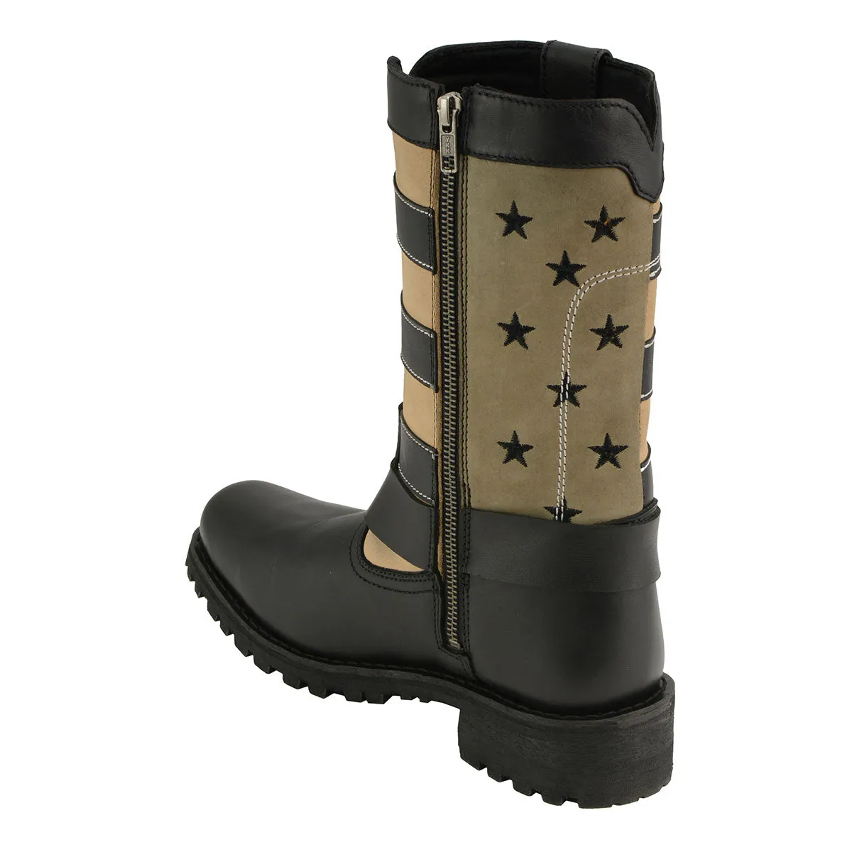 FLAG MBL9363 Women’s ‘Stars and Stripes’ Black and Tan Leather Motorcycle Rider Harness Boots