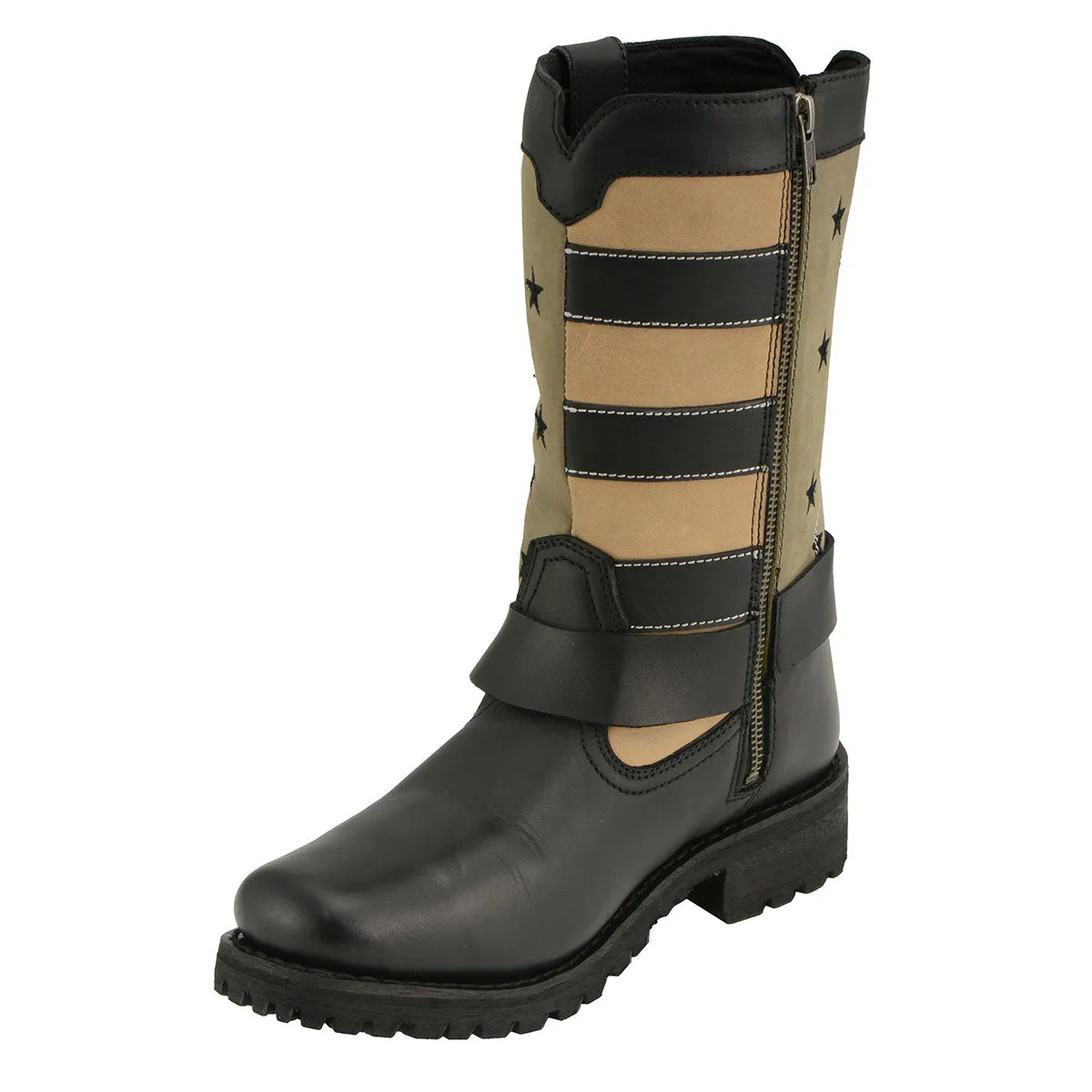 FLAG MBL9363 Women’s ‘Stars and Stripes’ Black and Tan Leather Motorcycle Rider Harness Boots