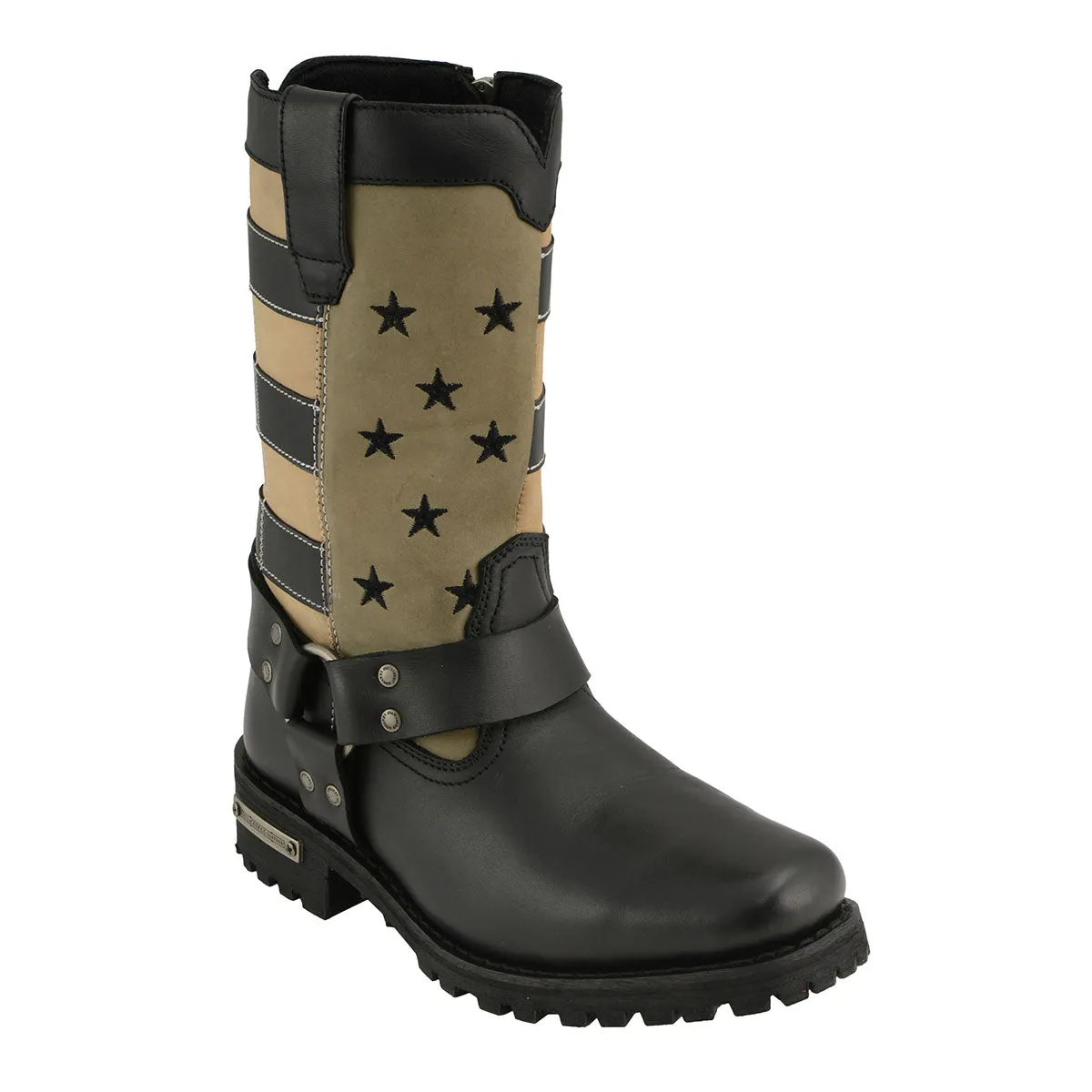 FLAG MBL9363 Women’s ‘Stars and Stripes’ Black and Tan Leather Motorcycle Rider Harness Boots