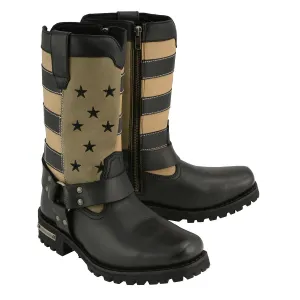FLAG MBL9363 Women’s ‘Stars and Stripes’ Black and Tan Leather Motorcycle Rider Harness Boots