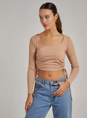 Gathered Ribbed Long Sleeve Top