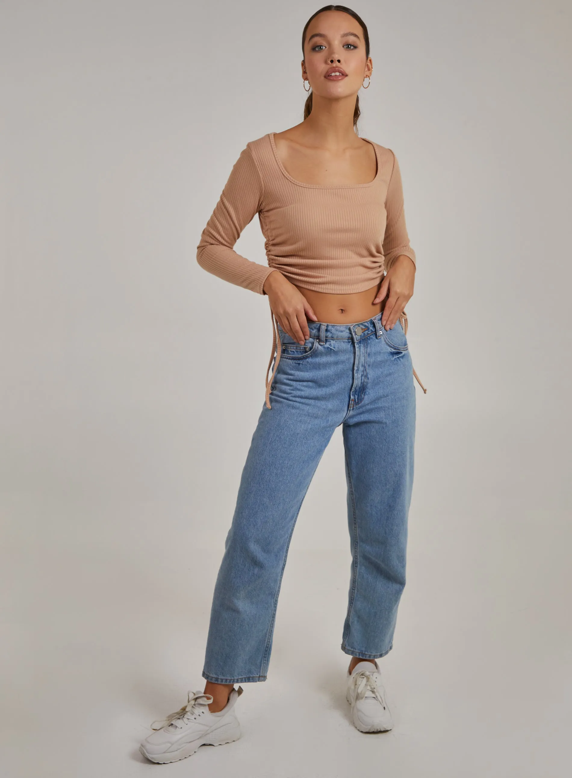 Gathered Ribbed Long Sleeve Top