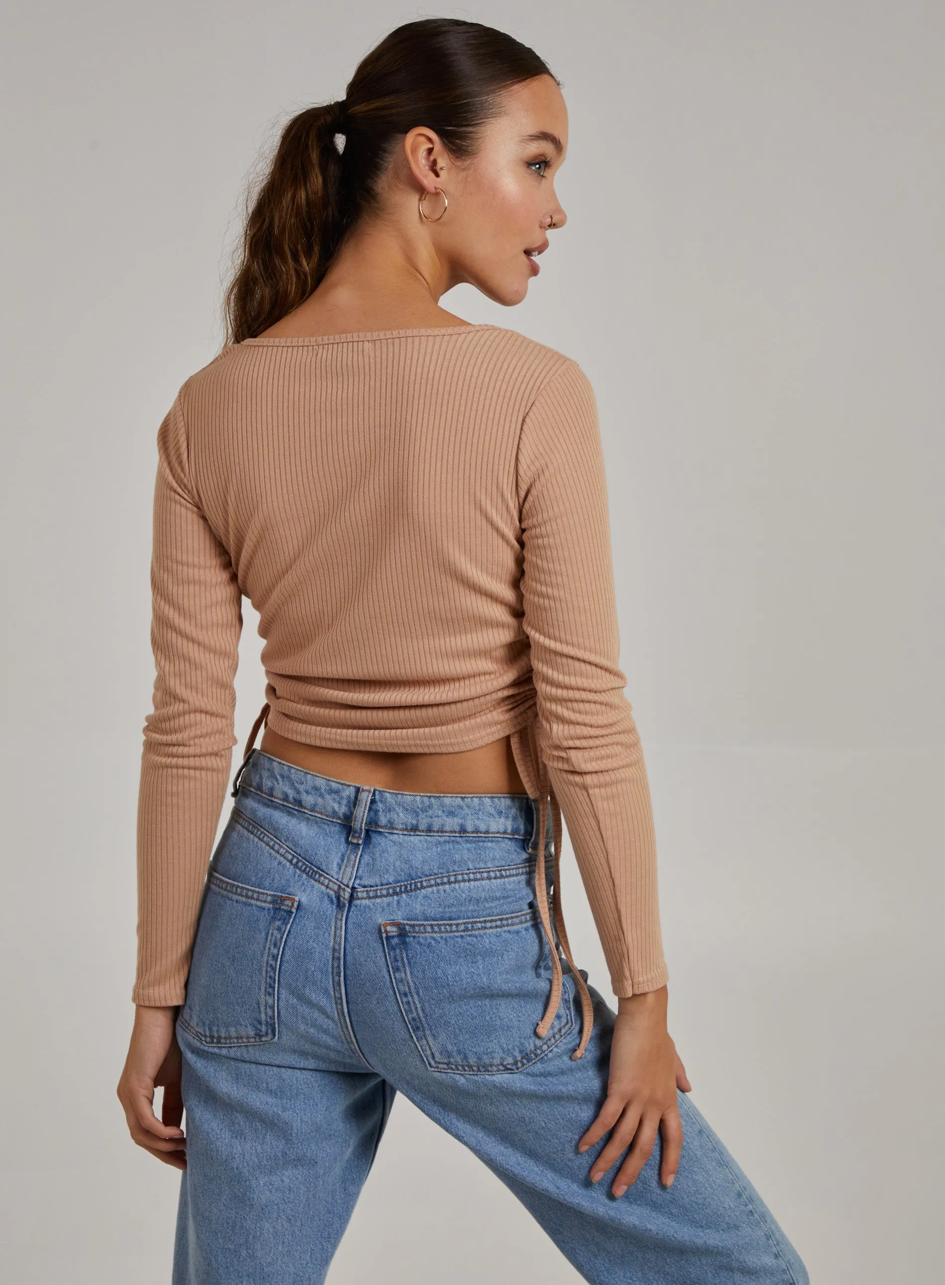Gathered Ribbed Long Sleeve Top