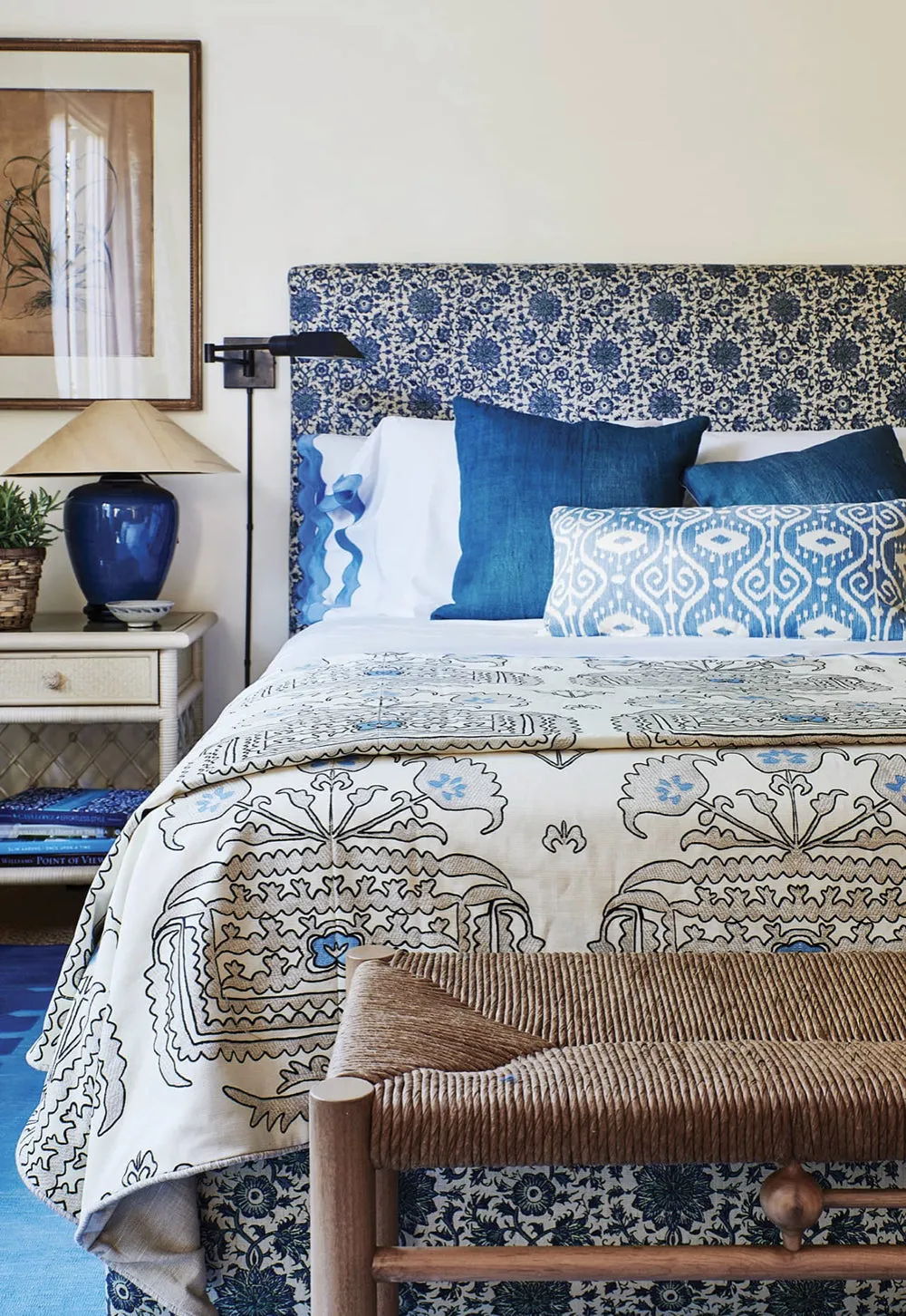Home Couture Fabric: Clementine Embroidery - Custom Custom Windsor / Royal / Light Navy on Cream Suncloth
