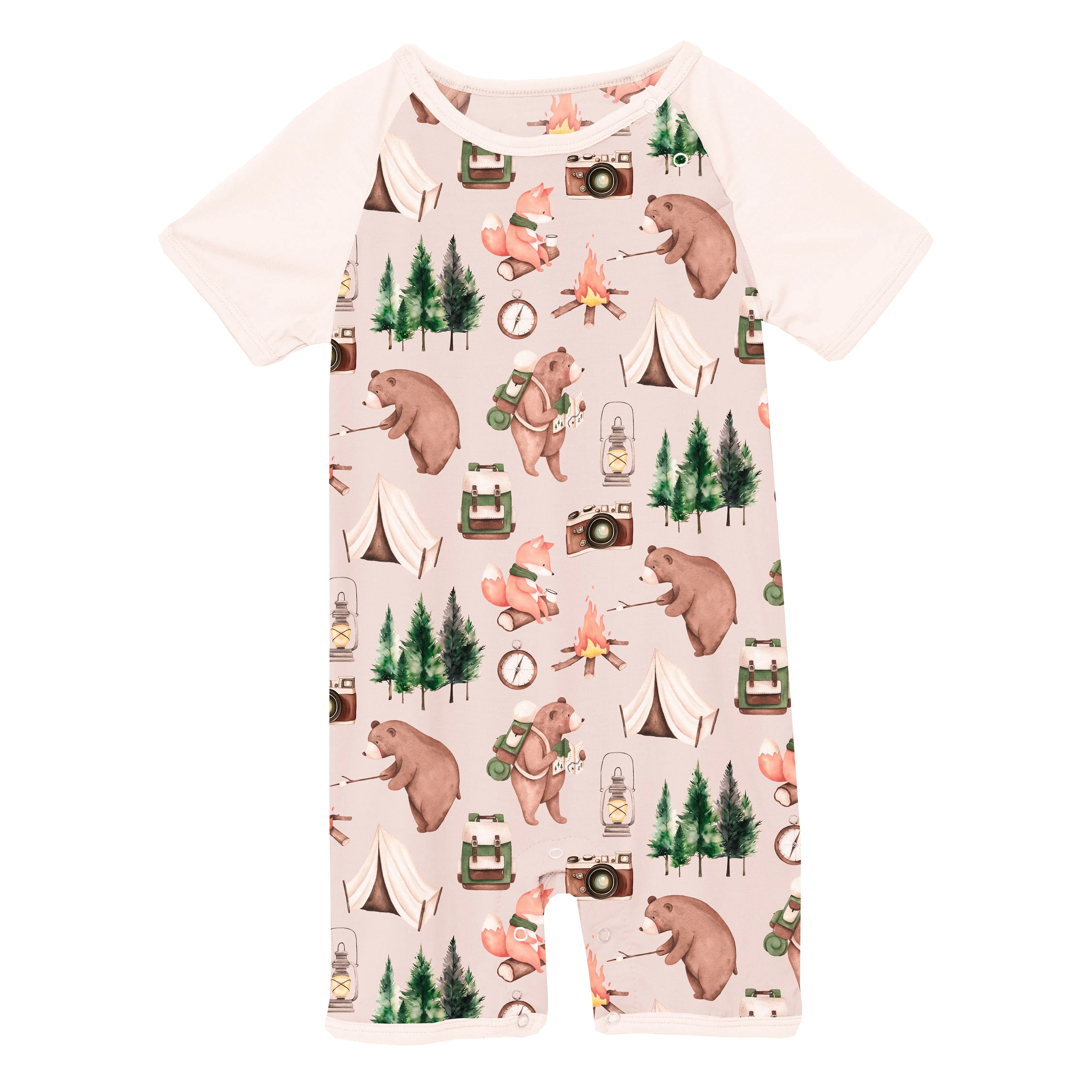 KicKee - Short Sleeve Raglan Romper - Latte Camping Animals