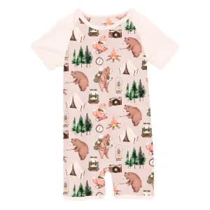 KicKee - Short Sleeve Raglan Romper - Latte Camping Animals