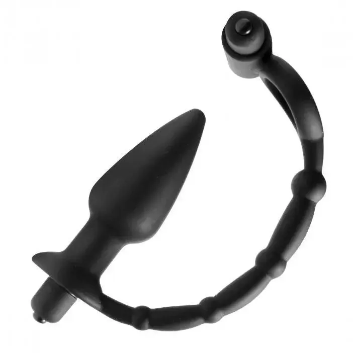 Master Series Black Waterproof Vibrating Cock Ring with Butt Plug