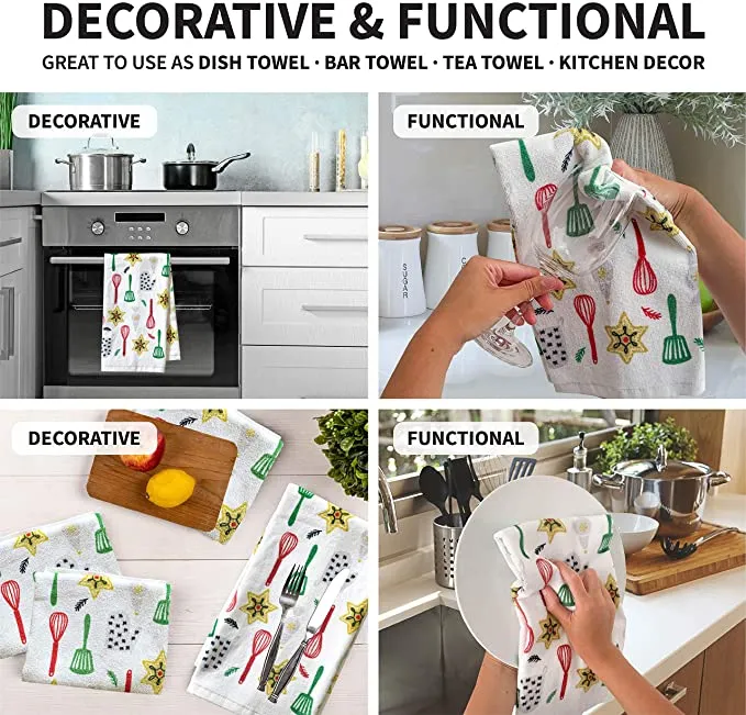 New Franco Kitchen Designers Set of 4 Decorative Soft and Absorbent Cotton Dish Towels, 15" x 25"