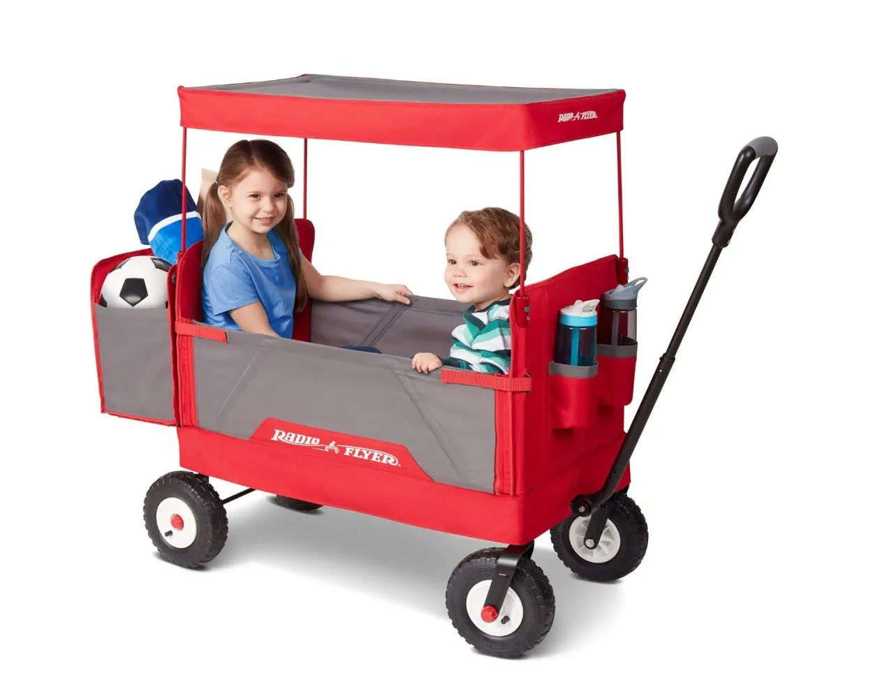 New in box! 3-In-1 All Terrain Wagon With Canopy, 3 wagons in 1 – two rider seating, hauling, & bench seating! Note: 1 tire has some scuff marks from shipping otherwise perfect!