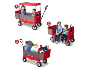 New in box! 3-In-1 All Terrain Wagon With Canopy, 3 wagons in 1 – two rider seating, hauling, & bench seating! Note: 1 tire has some scuff marks from shipping otherwise perfect!