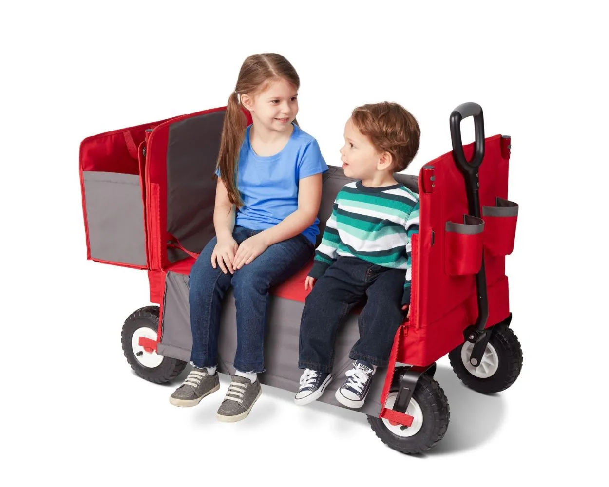 New in box! 3-In-1 All Terrain Wagon With Canopy, 3 wagons in 1 – two rider seating, hauling, & bench seating! Note: 1 tire has some scuff marks from shipping otherwise perfect!