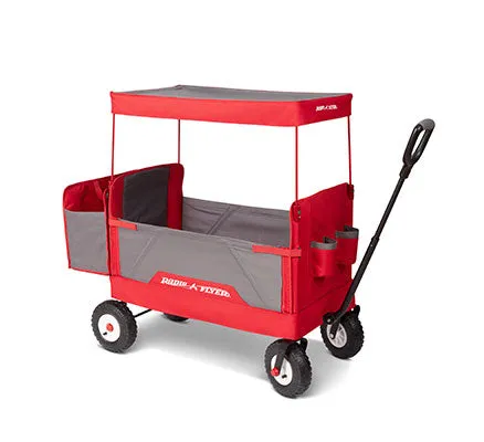 New in box! 3-In-1 All Terrain Wagon With Canopy, 3 wagons in 1 – two rider seating, hauling, & bench seating! Note: 1 tire has some scuff marks from shipping otherwise perfect!