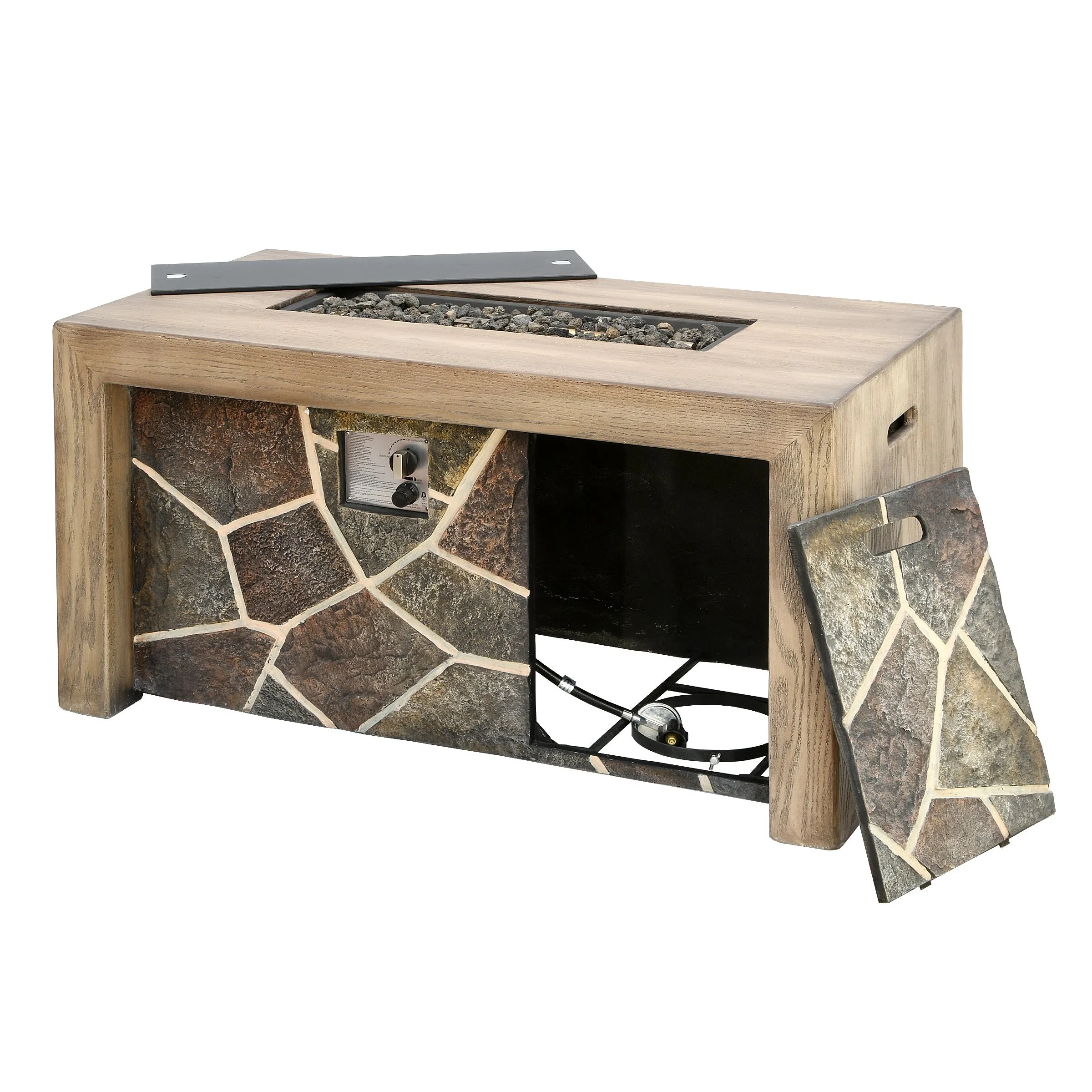 New in box, assembled Wayfair Natural Wood And Stone Design MGO Propane Fire Pit Table by Foundstone! 47"L x 24"W x 25"H, Filler & Lid included! Retails $995 w/tx on sale!