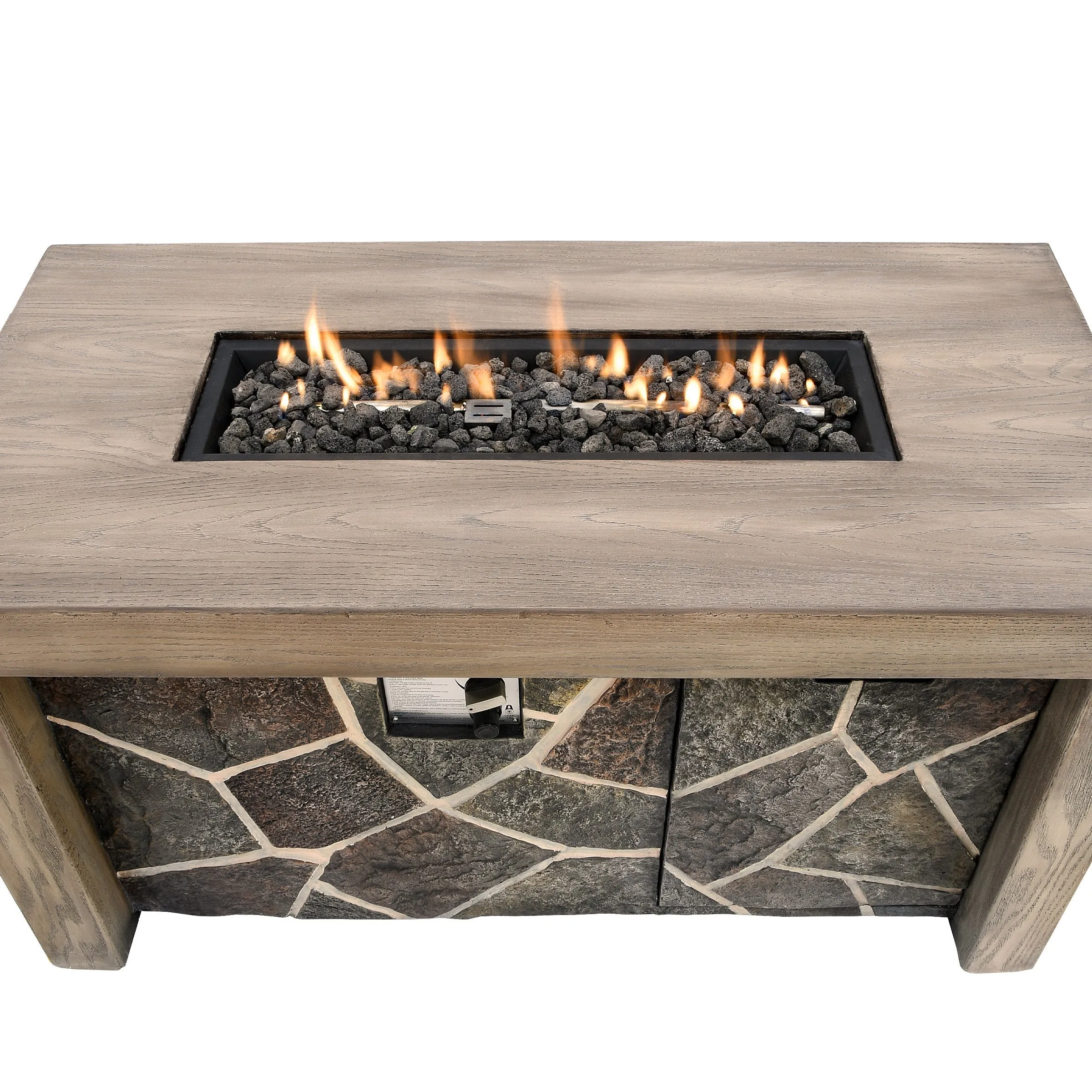 New in box, assembled Wayfair Natural Wood And Stone Design MGO Propane Fire Pit Table by Foundstone! 47"L x 24"W x 25"H, Filler & Lid included! Retails $995 w/tx on sale!