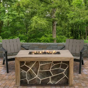 New in box, assembled Wayfair Natural Wood And Stone Design MGO Propane Fire Pit Table by Foundstone! 47"L x 24"W x 25"H, Filler & Lid included! Retails $995 w/tx on sale!