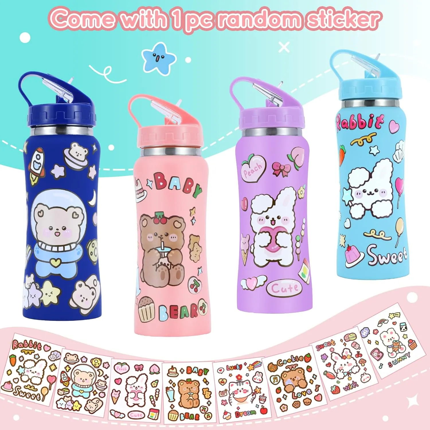 NEW Kids Water 1 Bottle 12 oz Insulated Stainless Steel Water Bottle with Straw Double-Wall Vacuum Thermal Keep Warm Cold, Leak & Sweat Proof for Kids Adults School Camping Sports (Pink)