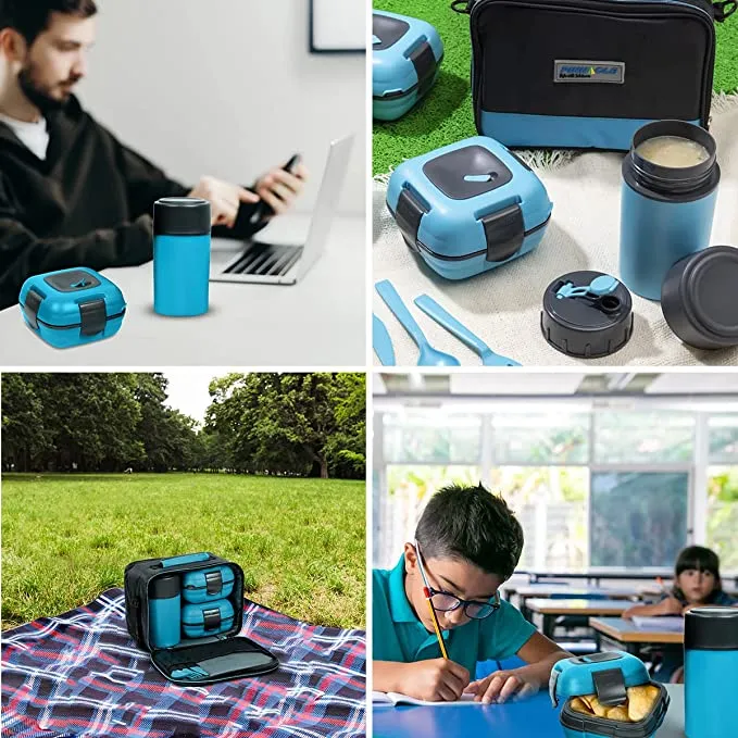 New Lunch Box Bag Set for Adults and Kids ~ Pinnacle Insulated Leakproof Thermal Lunch Kit with New Heat Release Valve & Matching Cutlery - Blue