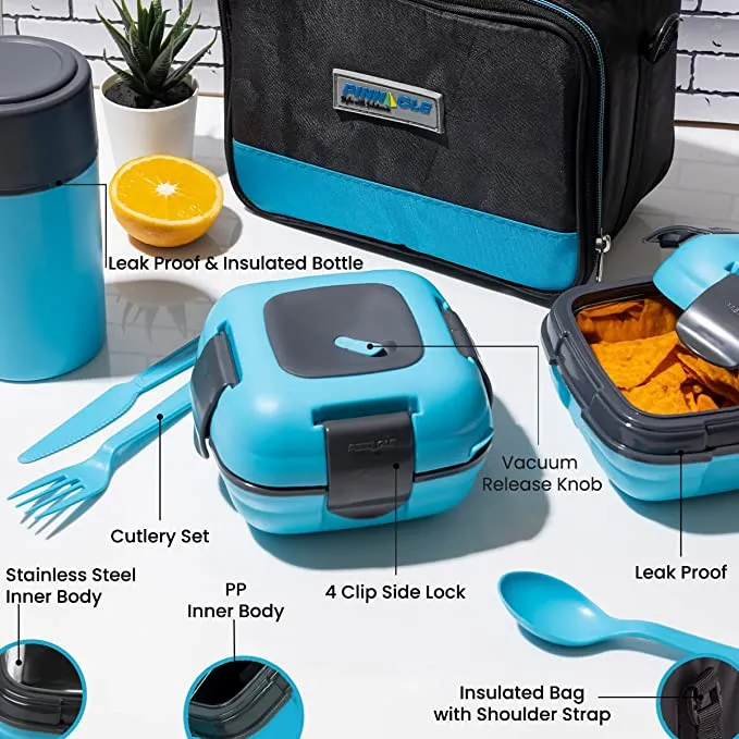 New Lunch Box Bag Set for Adults and Kids ~ Pinnacle Insulated Leakproof Thermal Lunch Kit with New Heat Release Valve & Matching Cutlery - Blue