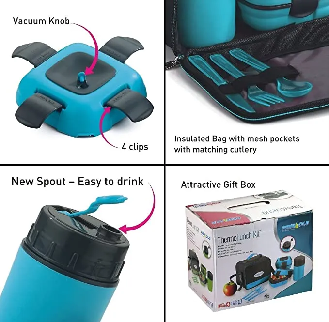 New Lunch Box Bag Set for Adults and Kids ~ Pinnacle Insulated Leakproof Thermal Lunch Kit with New Heat Release Valve & Matching Cutlery - Blue