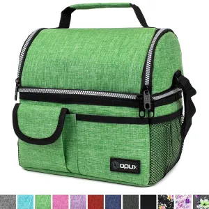 OPUX Insulated Dual Compartment Lunch Bag for Men, Women | Double Deck Reusable Lunch Pail Cooler Bag with Shoulder Strap, Soft Leakproof Liner | Large Lunch Box Tote for Work, School (Green)