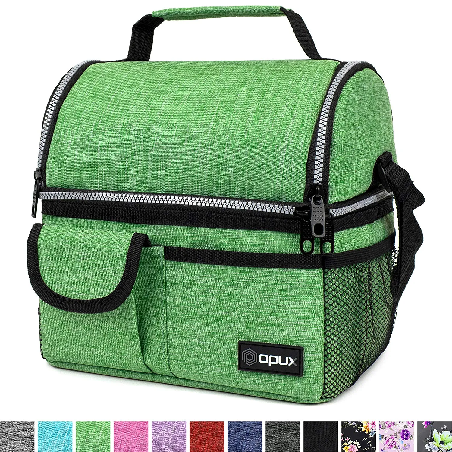 OPUX Insulated Dual Compartment Lunch Bag for Men, Women | Double Deck Reusable Lunch Pail Cooler Bag with Shoulder Strap, Soft Leakproof Liner | Large Lunch Box Tote for Work, School (Green)