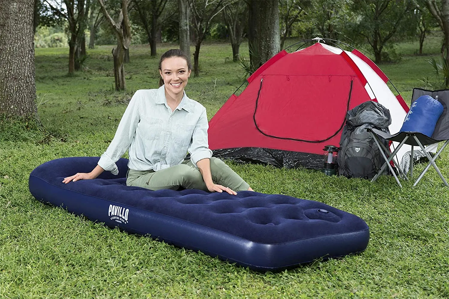 Pavillo Single Airbed Quick Inflation Outdoor Camping Air Mattress with Built-In Pillow