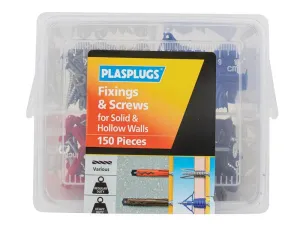 PLASPLUGS Fixings & Screws Kit For Solid & Hollow Walls, 150 Piece