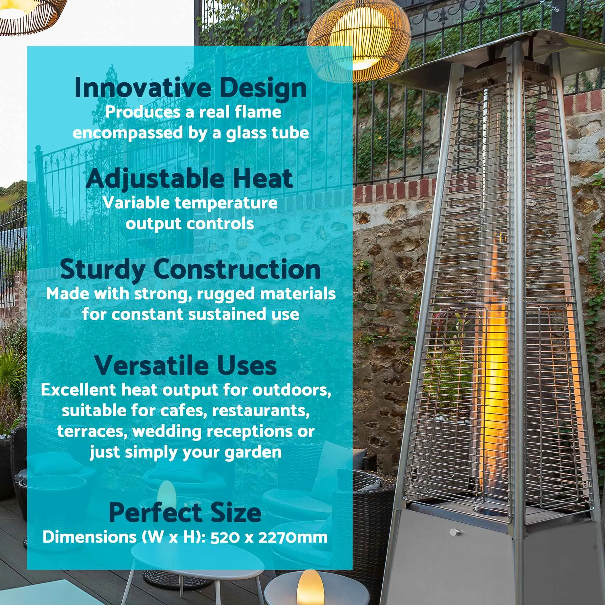 Pyramid Gas Patio Heater 13kW for Commercial & Domestic Use, with Cover, Stainless Steel - DG225