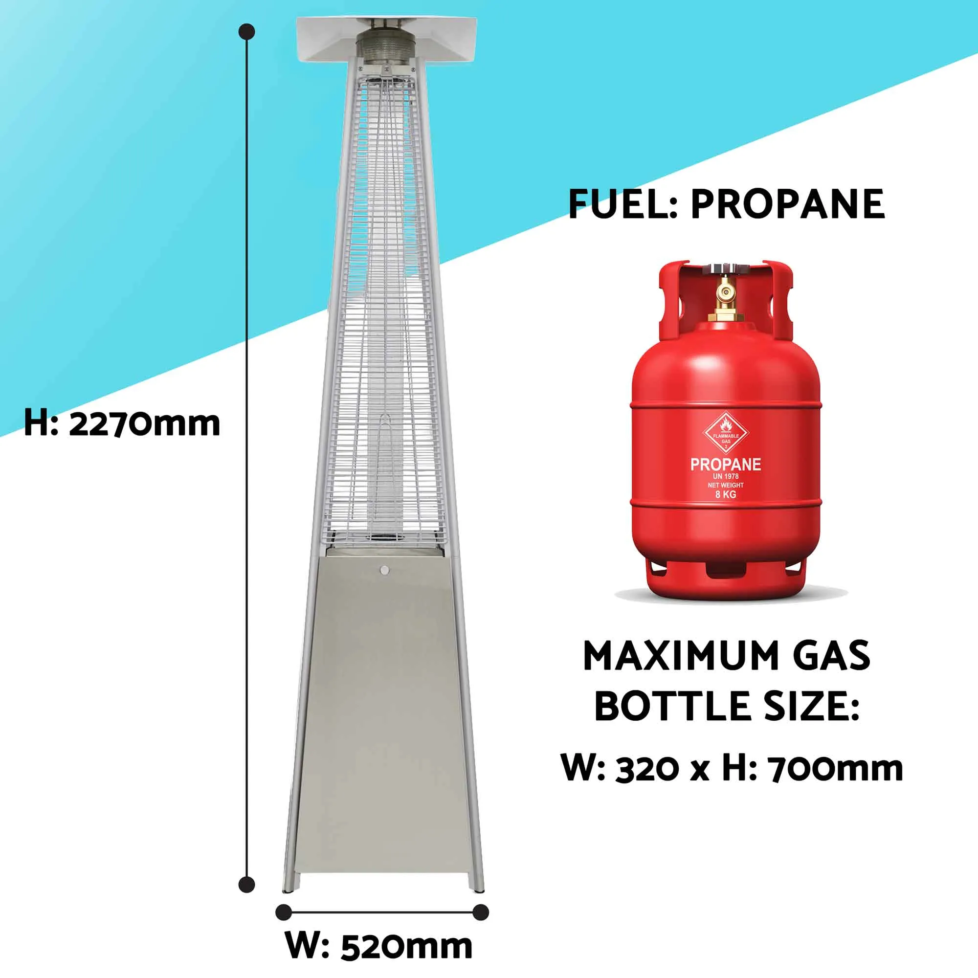 Pyramid Gas Patio Heater 13kW for Commercial & Domestic Use, with Cover, Stainless Steel - DG225