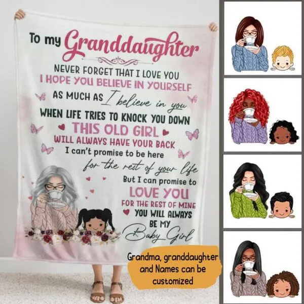 To My Granddaughter Personalized Fleece Blanket - Grandmother, granddaughter, names can be customized