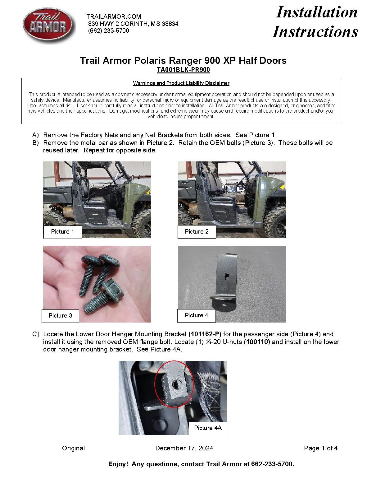 Trail Armor Ranger XP 900, Ranger XP 900 EPS, Ranger XP 1000, Ranger XP 1000 EPS, Range XP 900 Premium Half Doors 2014 - 2019